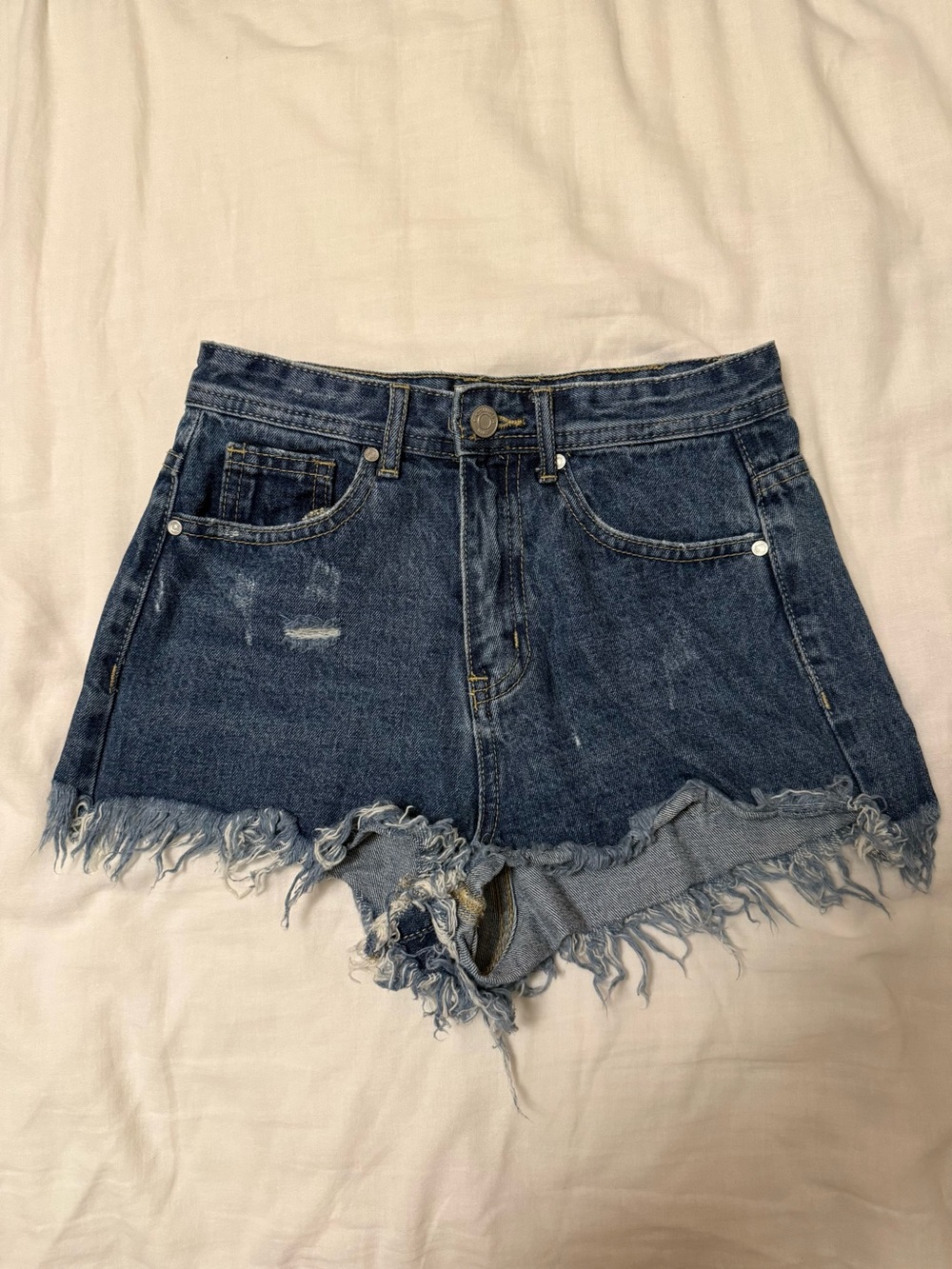 High-Rise Dark Blue Distressed Denim Shorts w Flame design